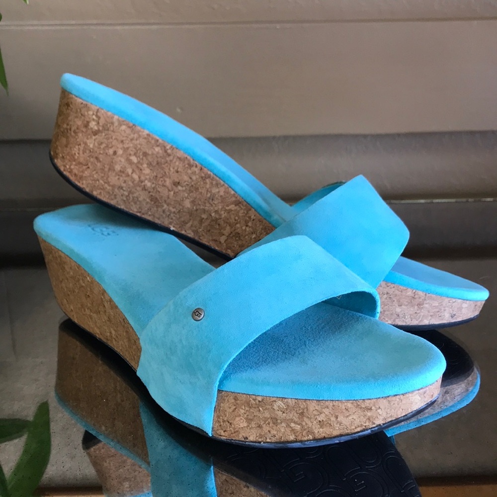 Ugg Australia Turquoise Suede Cork Wedge Mules